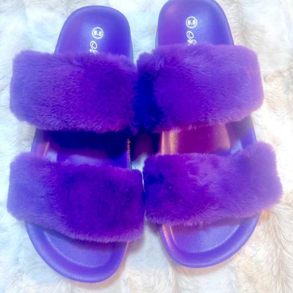 Purple Faux Fur Furry Double Strap Slide In Sandals - Picture 2 of 7